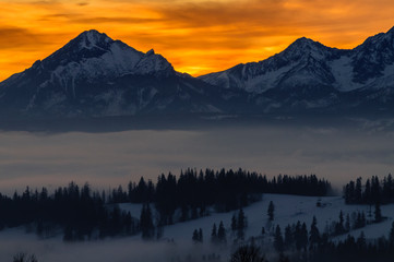 Views on Tatra Mountain in winter scenery from Lapszanka Pass.