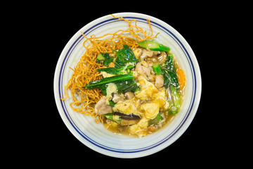 Crispy fried noodle pork with raadna sauce .