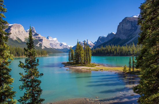Spirit Island inMaligne Lake In Jasper National Park in Alberta Canada