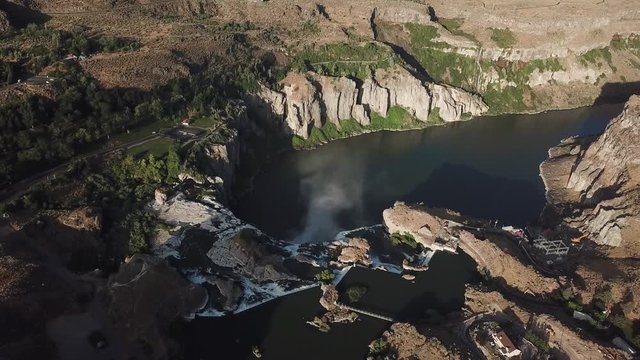 Birdseye Aerial View on Shoshone Falls on Snake, Niagara of The West. Canyon and Waterfall Under Golden Hour Sunlight
