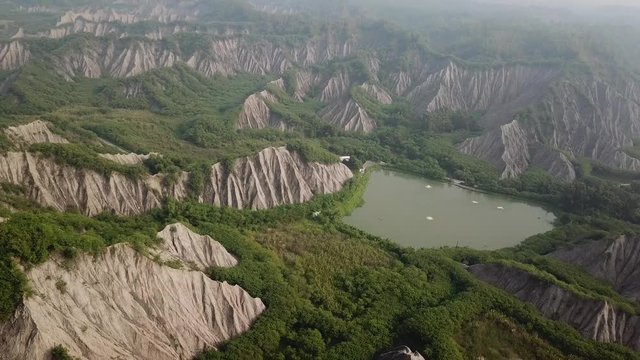 Natural Wonder of Earth, Tianliao Moon World Landscape Park, Taiwan, Mudstone Cliffs and Lake, Aerial View