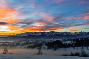 Views on Tatra Mountain in winter scenery from Lapszanka Pass.