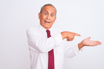 Senior grey-haired businessman wearing elegant tie over isolated white background amazed and smiling to the camera while presenting with hand and pointing with finger.