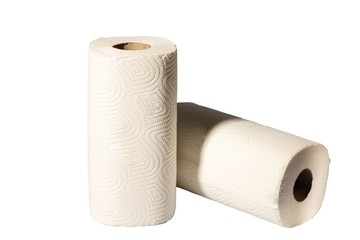 Close up view of two rolls of white kitchen towels isolated on white background. 