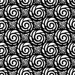 Black contour spiral circles. Silhouette of roses flowers. Seamless pattern. Vector drawing. Isolated object on a white background. Texture.