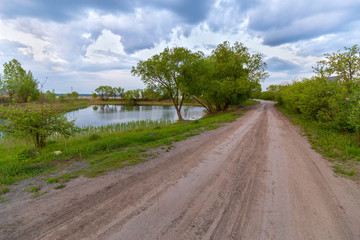 Rural summer landscape. Country road along the river bank and green deciduous forest on a cloudy day.