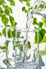 Two glasses of water on a green natural background. An empty glass is filled with water from a bottle