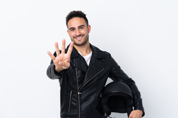 Man with a motorcycle helmet happy and counting four with fingers
