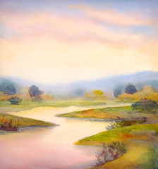 Watercolor landscape. Sunset over the river