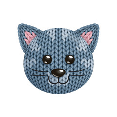 Illustration of a funny knitted cat toy head. On white background