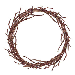 Watercolor illustration of Easter spring wreath with branches, isolated on white background.