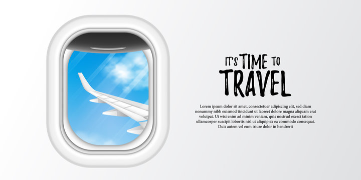 it's time to travel poster banner template. illustration of porthole airplane window with blue sky and airplane wing view.