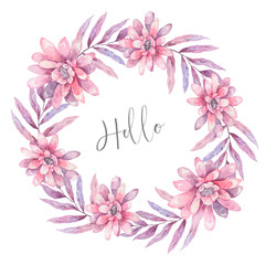 Fototapeta premium Invitation. Wedding or birthday card. Floral frame. Watercolor background with pink flowers and green leaves. Boho style. Beauty isolated bouqet circle frame pink leaf background