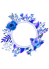 Obraz premium Frame framed with blue rose flowers. Flower poster, invitation. Watercolor compositions for the decoration of greeting cards or invitations. orientation
