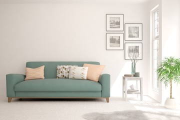 Stylish room in white color with sofa. Scandinavian interior design. 3D illustration