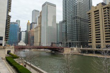 Fototapeta na wymiar Chicago Skyline. Chicago downtown and Chicago River with bridges, Chicago city, USA.