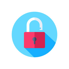 flat vector icon on white background, open lock in a blue circle with a shadow, hacked protection