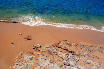 ocean waves and sandy beach with rocks