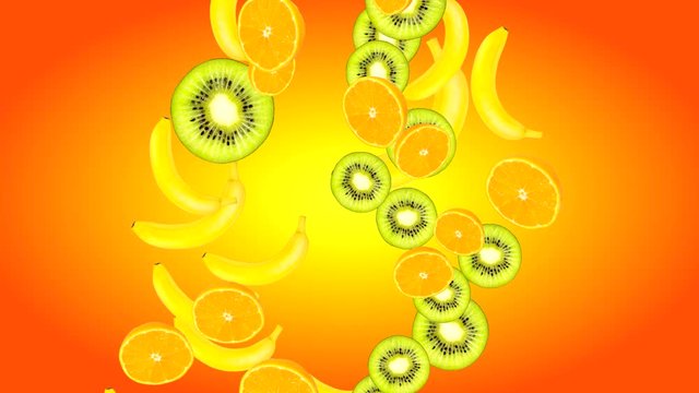 Abstract animated background with fruits with an attached alpha channel in the form of a brightness mask for cutting out the background during video editing.
