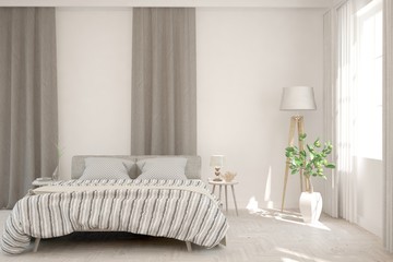 Stylish bedroom in white color. Scandinavian interior design. 3D illustration