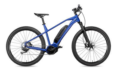 blue modern mid drive motor e bike pedelec with electric engine middle mount. battery powered ebike isolated white background. Innovation transportation concept.