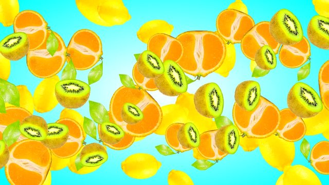 High quality animation of 4K fruits of different varieties on a gradient background of green color horizontally.