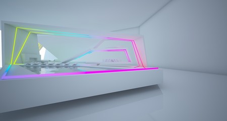 Abstract architectural white interior of a minimalist house with colored neon lighting. 3D illustration and rendering.