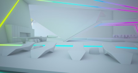 Abstract architectural white interior of a minimalist house with colored neon lighting. 3D illustration and rendering.