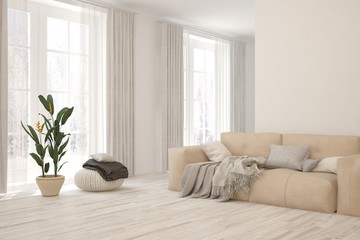 Stylish room in white color with sofa. Scandinavian interior design. 3D illustration