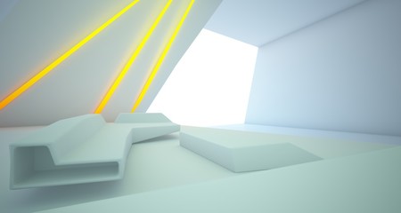 Abstract architectural white interior of a minimalist house with colored neon lighting. 3D illustration and rendering.