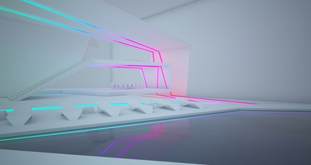 Fototapeta premium Abstract architectural white interior of a minimalist house with colored neon lighting. 3D illustration and rendering.
