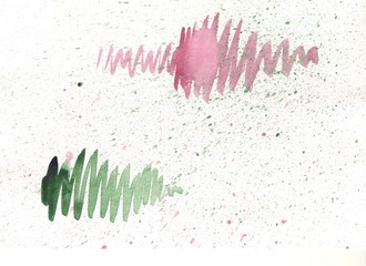 Abstract two-colored watercolor print on white background.  Blue splatters and green and red brush strokes in the paper. Hand drawn design illustration.