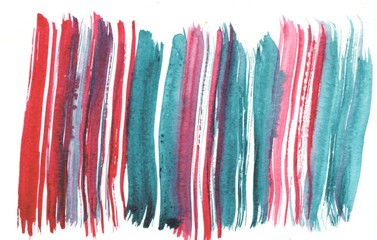 Abstract two-colored watercolor paper texture on white background. The blue and red vertical brush strokes in the paper. Hand drawn design illustration.