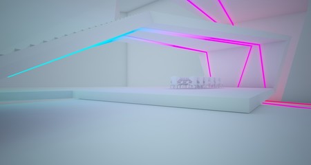 Abstract architectural white interior of a minimalist house with colored neon lighting. 3D illustration and rendering.