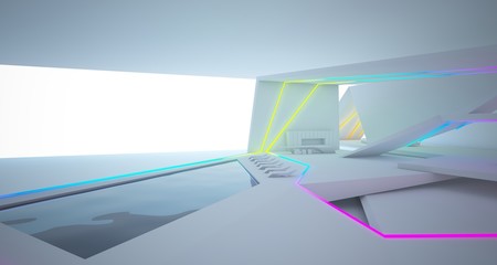 Abstract architectural white interior of a minimalist house with colored neon lighting. 3D illustration and rendering.