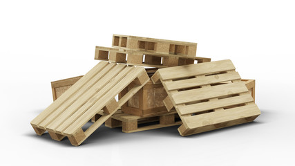 Few wood pallets and transport box stacked in disorder