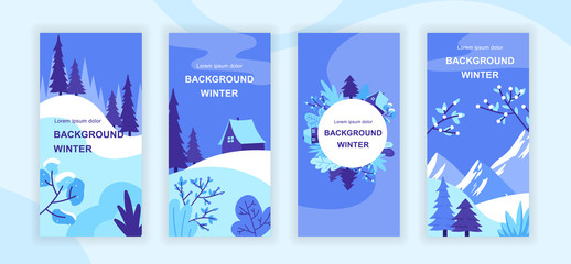 Winter landscape social media stories design templates vector set, backgrounds with copyspace - rural scenery - backdrop for vertical banner, poster, greeting card - winter sceneries concept