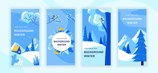 Winter scenery social media stories design templates vector set, backgrounds with copyspace - country landscapes - backdrop for vertical banner, poster, greeting card - snowy weather concept
