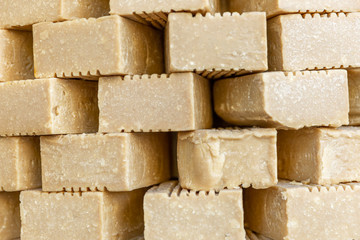 Handmade soap square shape. Background. Close-up. Space for text.