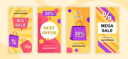 Mega sale social media stories design templates vector set, backgrounds with copyspace - best offer, sell-out - backdrop for vertical banner, advertising poster - big sale, ad campaign concept