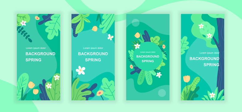 Spring abstract social media stories design templates vector set, backgrounds with copyspace - greenery, landscape - backdrop for vertical banner, poster, greeting card - spring nature concept