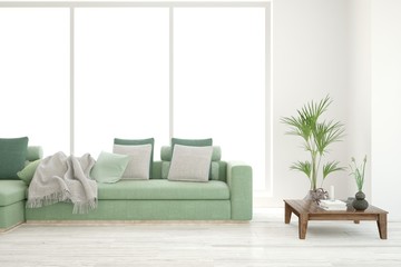 Stylish room in white color with sofa. Scandinavian interior design. 3D illustration