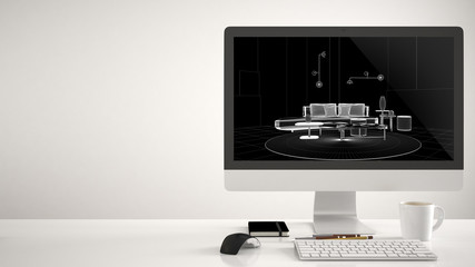 Architect house project concept, desktop computer on white background, work desk showing CAD sketch, modern living room with sofa and round carpet, interior design idea