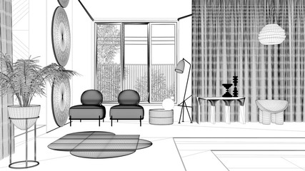 Blueprint project draft, metaphysical abstract object for flat living room in classic space, staircase and walls, armchairs and potted plant, carpet and lamps, interior design