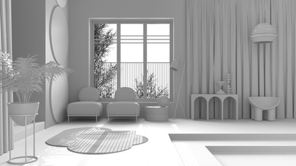 Total white project draft, metaphysical abstract object for flat living room in classic space, staircase and walls, armchairs and potted plant, carpet and lamps, interior design