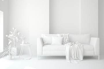 Mock up of stylish room in white color with sofa. Scandinavian interior design. 3D illustration