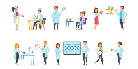 Medical laboratories flat vector illustrations set. Experiment, scientific research scenes bundle. Scientists and assistants, chemists, people in medical gowns cartoon characters collection