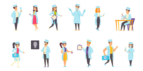 Fototapeta na wymiar Medical staff flat vector illustrations set. Consultation, analysis, examination scenes bundle. Clinic personnel, doctors and nurses, people in medical gowns cartoon characters collection
