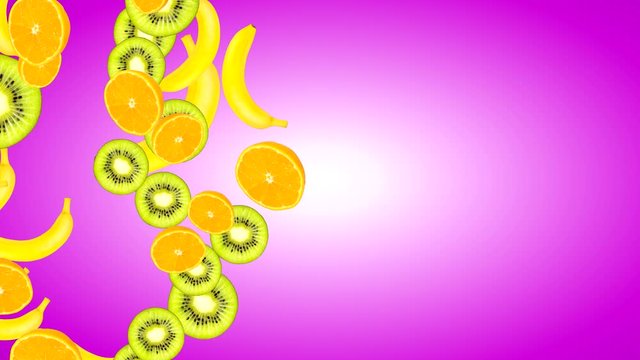 Animation of high quality 4K fruits of different varieties on a gradient background of purple color vertically to the left.