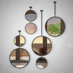 Round mirrors hanging on the wall reflecting interior design scene, dreamy panoramic balcony over sunset sea panorama, palm, classic balustrade, modern architecture concept idea